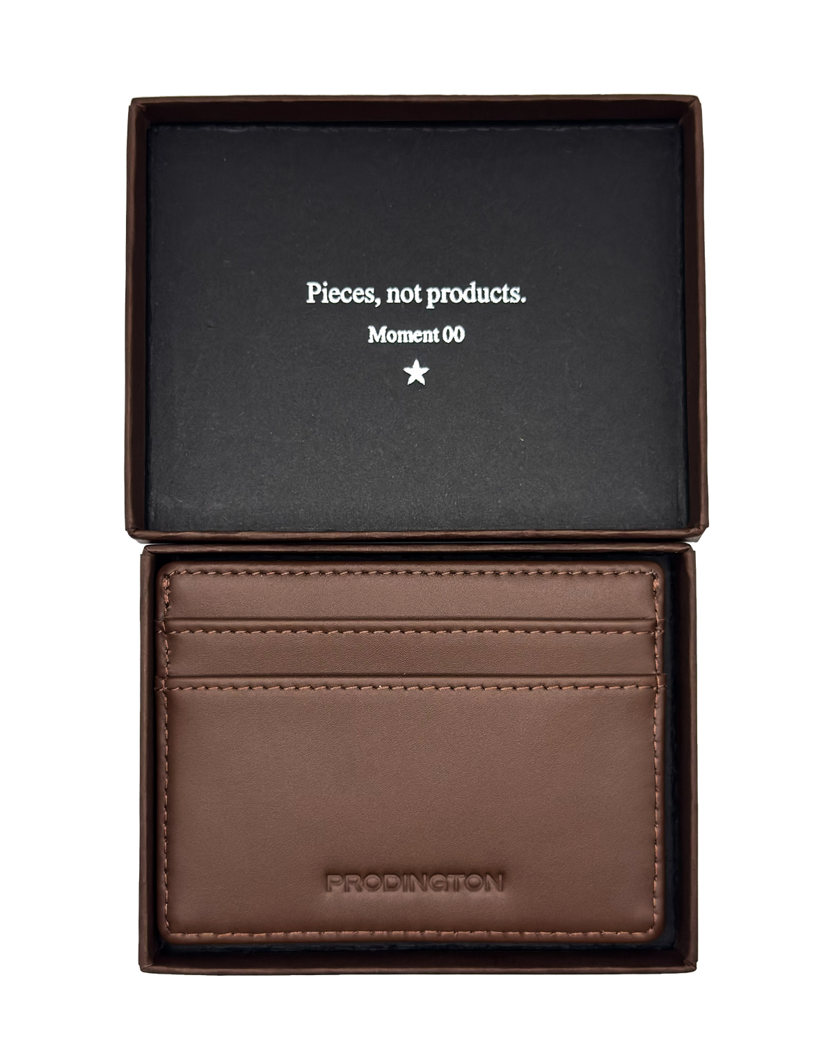 Brown leather wallet in a black box with text on a white background