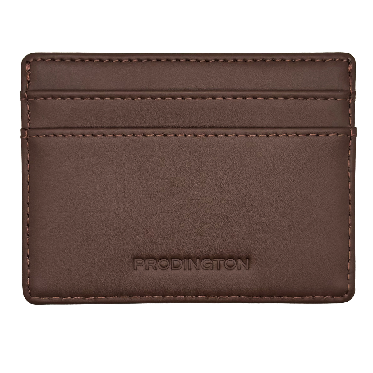 Brown leather cardholder with brand name 