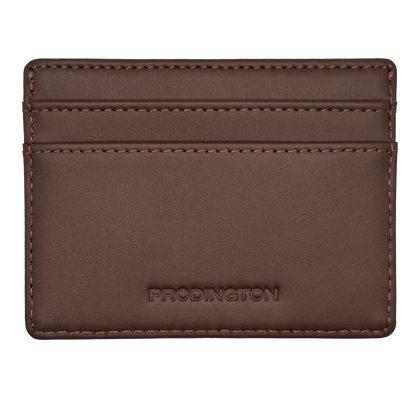 Brown leather cardholder with brand name 